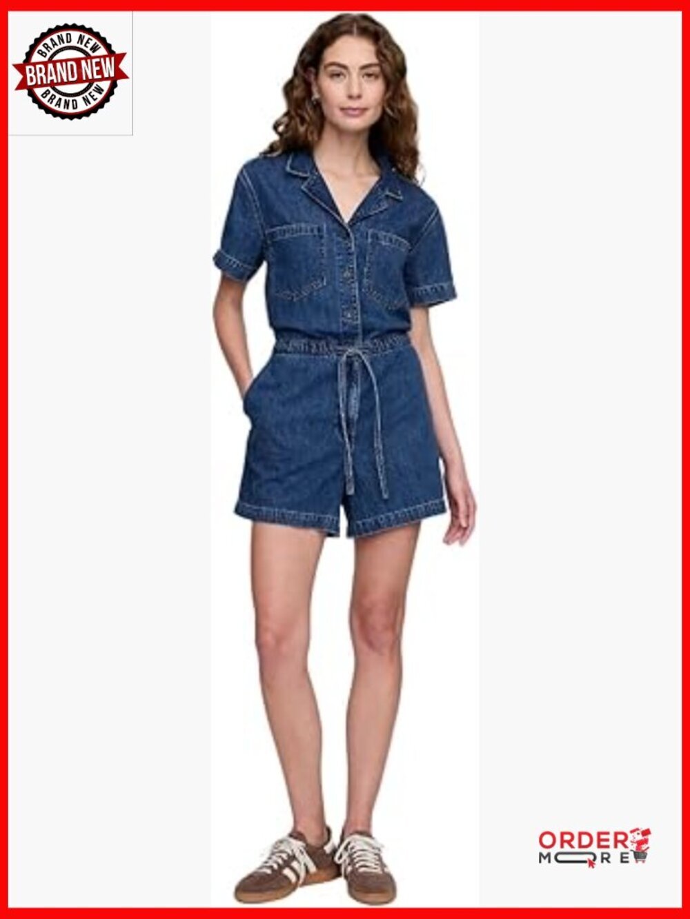 Tie Waist Denim Romper with Short Sleeves